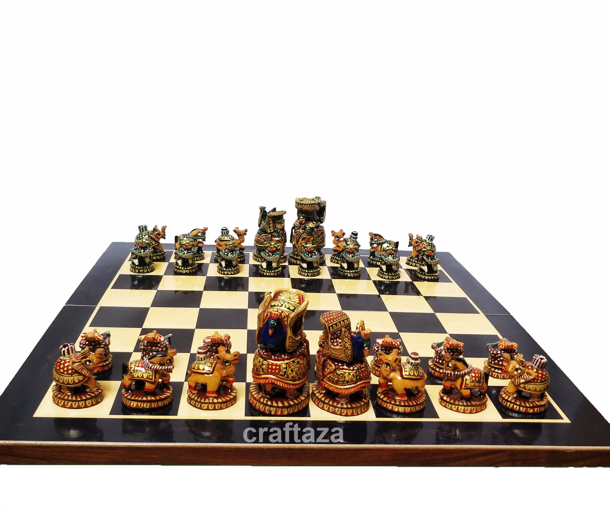 wood peacock painted chess