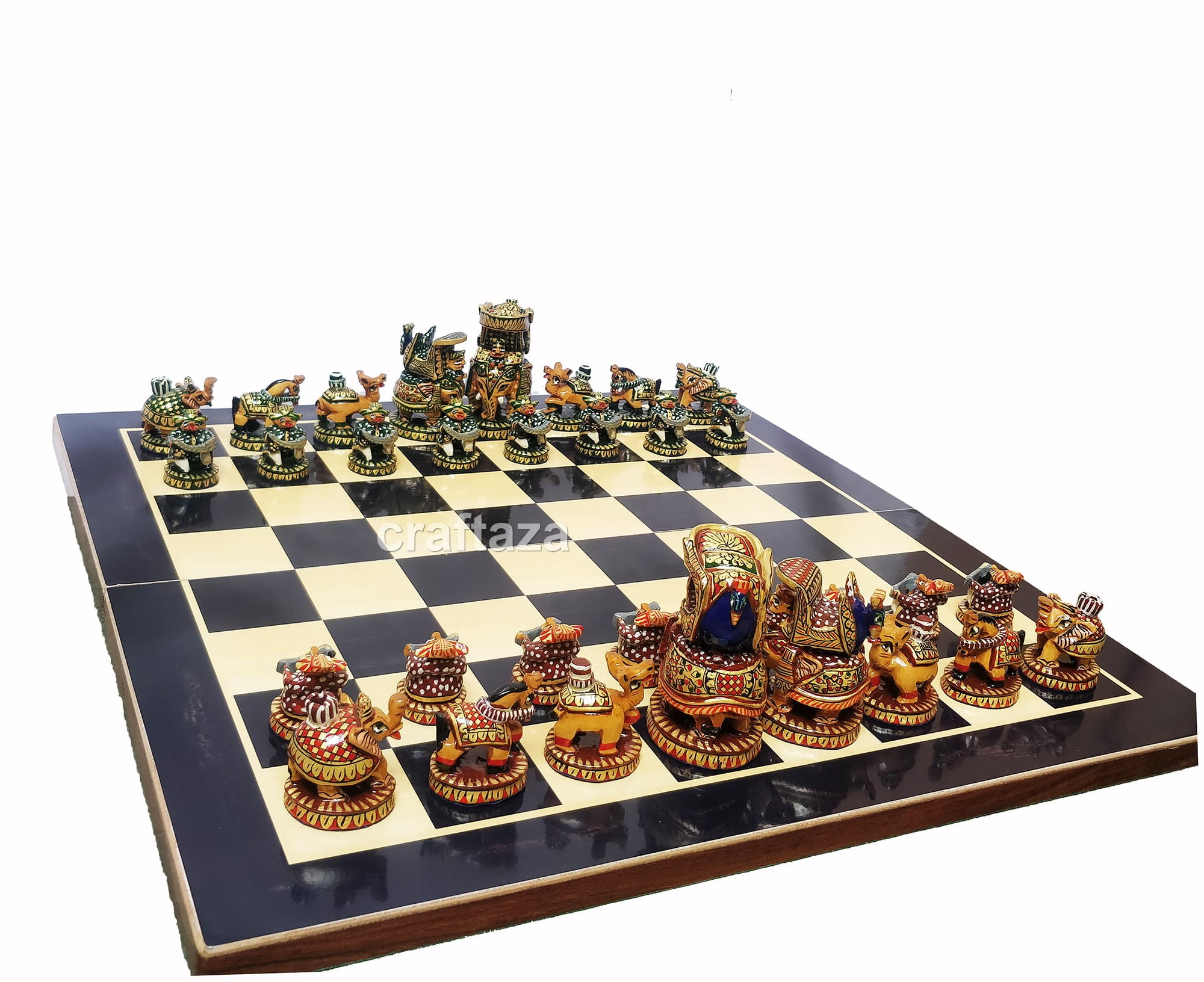 wood peacock painted chess